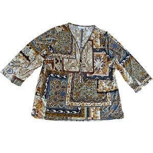 Susan Graver Multicolor Patchwork Liquid Knit Top 3/4 Split Sleeve 1XL Zipper